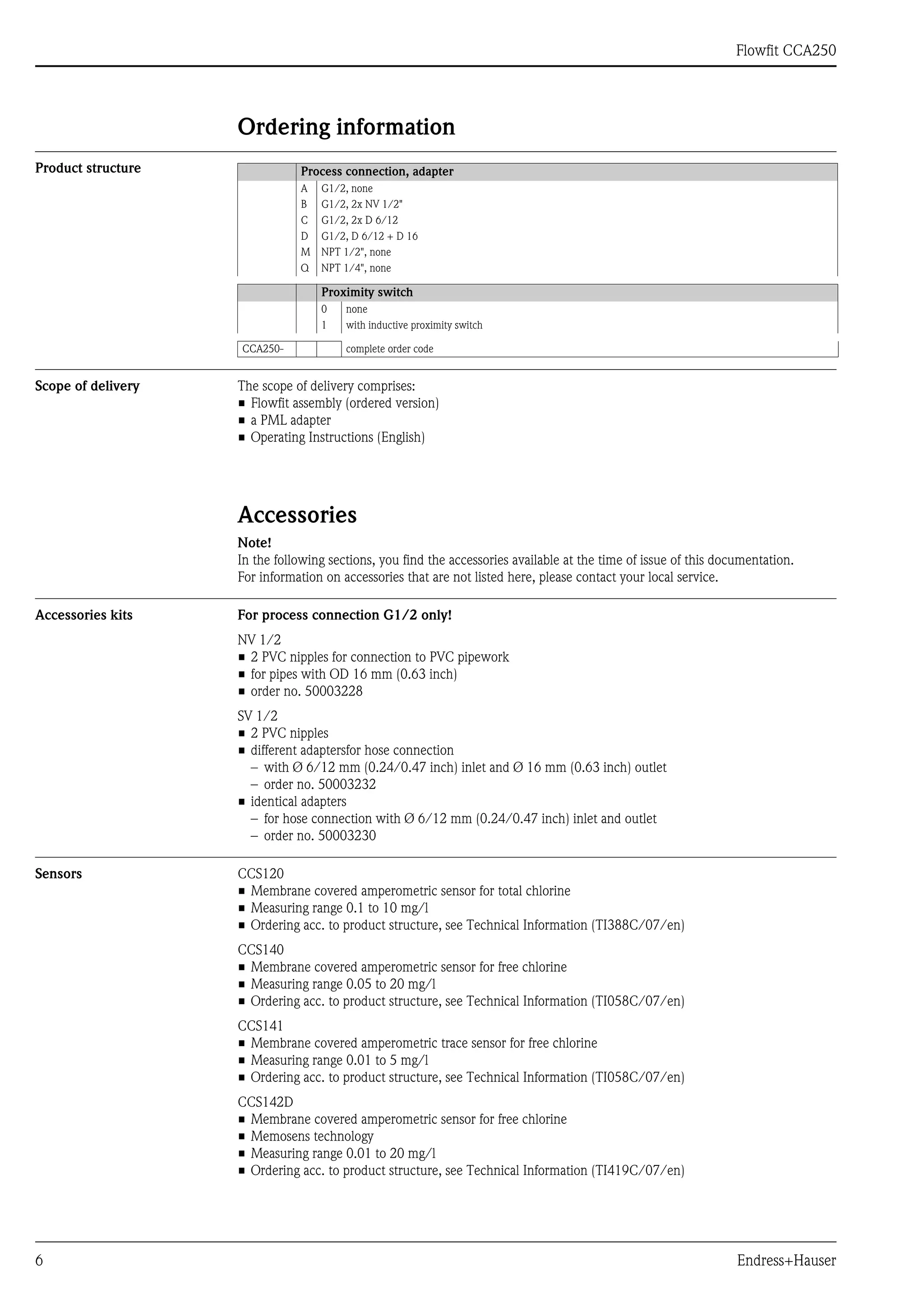 Flowfit CCA250
6 Endress+Hauser
Ordering information
Product structure
Scope of delivery The scope of delivery comprises:
• Flowfit assembly (ordered version)
• a PML adapter
• Operating Instructions (English)
Accessories
Note!
In the following sections, you find the accessories available at the time of issue of this documentation.
For information on accessories that are not listed here, please contact your local service.
Accessories kits For process connection G1/2 only!
NV 1/2
• 2 PVC nipples for connection to PVC pipework
• for pipes with OD 16 mm (0.63 inch)
• order no. 50003228
SV 1/2
• 2 PVC nipples
• different adaptersfor hose connection
– with Ø 6/12 mm (0.24/0.47 inch) inlet and Ø 16 mm (0.63 inch) outlet
– order no. 50003232
• identical adapters
– for hose connection with Ø 6/12 mm (0.24/0.47 inch) inlet and outlet
– order no. 50003230
Sensors CCS120
• Membrane covered amperometric sensor for total chlorine
• Measuring range 0.1 to 10 mg/l
• Ordering acc. to product structure, see Technical Information (TI388C/07/en)
CCS140
• Membrane covered amperometric sensor for free chlorine
• Measuring range 0.05 to 20 mg/l
• Ordering acc. to product structure, see Technical Information (TI058C/07/en)
CCS141
• Membrane covered amperometric trace sensor for free chlorine
• Measuring range 0.01 to 5 mg/l
• Ordering acc. to product structure, see Technical Information (TI058C/07/en)
CCS142D
• Membrane covered amperometric sensor for free chlorine
• Memosens technology
• Measuring range 0.01 to 20 mg/l
• Ordering acc. to product structure, see Technical Information (TI419C/07/en)
Process connection, adapter
A G1/2, none
B G1/2, 2x NV 1/2"
C G1/2, 2x D 6/12
D G1/2, D 6/12 + D 16
M NPT 1/2", none
Q NPT 1/4", none
Proximity switch
0 none
1 with inductive proximity switch
CCA250- complete order code
 