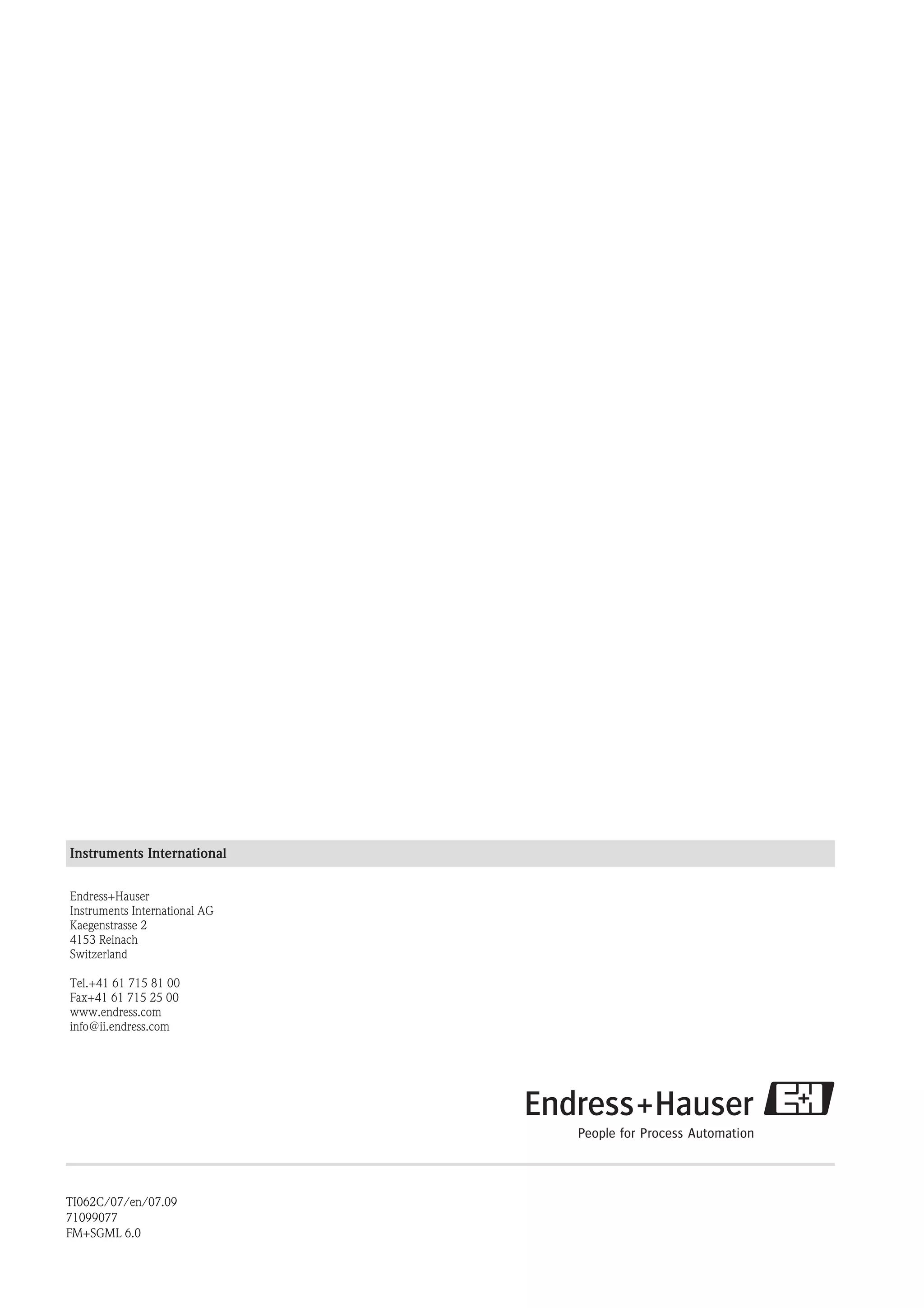 Instruments International
Endress+Hauser
Instruments International AG
Kaegenstrasse 2
4153 Reinach
Switzerland
Tel.+41 61 715 81 00
Fax+41 61 715 25 00
www.endress.com
info@ii.endress.com
TI062C/07/en/07.09
71099077
FM+SGML 6.0
 
