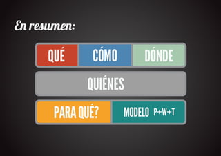 E� resume�:

      QUÉ     CÓMO       DÓNDE
              QUIÉNES
       PARA QUÉ?     MODELO P+W+T
 
