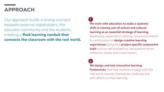 Our approach builds a strong connect
between external stakeholders, the
educator community and the students,
creating a fluid learning conduit that
connects the classroom with the real world.
APPROACH
2
We design and test innovative learning
frameworks that help students engage with the
real world, express themselves creatively and
self-reflect on their learning.
1
We work with educators to make a systemic
shift in viewing out-of-school and cultural
learning as an essential strategy of learning,
developing capacities in utilizing local environment
& communities to design creative learning
experiences along with project specific assessment
tools such as self evaluations, set questionnaires,
reflection sheets and mood meters.
 