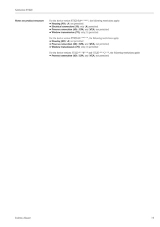 Solimotion FTR20
Endress+Hauser 19
Notes on product structure For the device version FTR20-BA******, the following restrictions apply:
•	Housing (40): (A) not permitted
•	Electrical connection (50): only (A) permitted
•	Process connection (60): (XFA) and (VEA) not permitted
•	Window transmission (70): only (1) permitted
For the device version FTR20-IA******, the following restrictions apply:
•	Housing (40): (A) not permitted
•	Process connection (60): (XFA) and (VEA) not permitted
•	Window transmission (70): only (1) permitted
For the device versions FTR20-***B*** and FTR20-***C***, the following restrictions apply:
•	Process connection (60): (XFA) and (VEA) not permitted
	
 