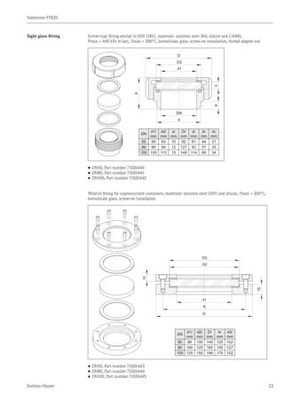 Solimotion FTR20
Endress+Hauser 23
Sight glass fitting Screw-type fitting similar to DIN 11851, materials: stainless steel 304, silicon and C4400,
Pmax = 600 kPa (6 bar), Tmax = 200°C, borosilicate glass, screw-on installation, thread adapter nut
D2
D
A
DN
d1/
mm
d2/
mm
s/
mm
D/
mm
d/
mm
A/
mm
A/
mm
50 50 63 10 92 61 44 21
80 80 94 12 127 93 57 25
100 100 113 15 148 114 69 34
d1
DN
d
sa
•	DN50, Part number 71026440
•	DN80, Part number 71026441
•	DN100, Part number 71026442
Weld-in fitting for unpressurized containers, materials: stainless steel 316Ti and silicon, Tmax = 200°C,
borosilicate glass, screw-on installation
DN
d1/
mm
d2/
mm
D/
mm
k/
mm
d3/
mm
50 80 100 140 120 102
80 100 125 165 145 127
100 125 150 190 170 152
D2
D3
d1
K
D
10
15
•	DN50, Part number 71026443
•	DN80, Part number 71026444
•	DN100, Part number 71026445
	
 