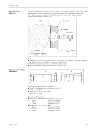Solimotion FTR20
Endress+Hauser 25
High-temperature
application
For applications with process temperatures up to +450°C, the temperature reduction to max. +70°C takes
place on the FTR20 using an appropriate high-temperature adapter (with extension where necessary).
The length of the adapter is based on the insulation thickness to be penetrated (if present) and the
ambient conditions at the measuring point.
Tmax = +70°CTP,max = +450°C
Pmax = 80 to 510 kPa abs.
(0.8 to 5.1 bar abs.)
Wall Insulation
HT adapter
Extension
X
Note:
•	To maintain the maximum temperature of +70°C at the FTR20, we recommend a minimum difference of
	 (X) 200 mm between the process or the insulation and the device.
•	The individual extensions can also be combined in any way desired.
•	Each high-temperature adapter results in a reduction of the range.
High-temperature adapter	
and extension
R1½/1½NPT
170 L
m n
HT adapter m with flush-mounted ceramic disk:
•	Thread R 1½ and Rp 1½ respectively, 55 hex, 316Ti/1.4571
	 Part number 71113441
•	Thread 1½ NPT, 55 hex, 316Ti/1.4571
	 Part number 71113449
Extension for HT adapter n:
•	Thread R 1½ and Rp 1½ respectively, 55 hex, 316Ti/1.4571
	 L = 225 mm	 Part number 71113450
	 L = 325 mm	 Part number 71113451
	 L = 525 mm	 Part number 71113452
•	Thread 1½ NPT, 55 hex, 316Ti/1.4571
	 L = 225 mm	 Part number 71113453
	 L = 325 mm	 Part number 71113454
	 L = 525 mm	 Part number 71113455
	
 