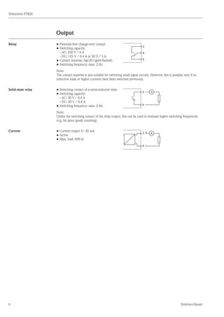 6
Solimotion FTR20
Endress+Hauser
Output
Relay •	Potential-free change-over contact	
•	Switching capacity:
	 - AC: 250 V / 6 A
	 - DC: 125 V / 0.4 A or 30 V / 5 A
•	Contact material: AgCdO (gold-flashed)
•	Switching frequency: max. 2 Hz
3
4
5
Note:
The contact material is also suitable for switching small signal circuits. However, this is possible only if no
inductive loads or higher currents have been switched previously.
Solid-state relay •	Switching contact of a semiconductor relay		
•	Switching capacity:
	 - AC: 30 V / 0.4 A
	 - DC: 40 V / 0.4 A
•	Switching frequency: max. 2 Hz
3
4
Note:
Unlike the switching contact of the relay output, this can be used to evaluate higher switching frequencies
(e.g. for piece goods counting).
Current •	Current output 4 - 20 mA	
•	Active
•	Max. load: 600 Ω
A+
-4
3
 