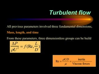 Turbulent flow
All previous parameters involved three fundamental dimensions,
Mass, length, and time
From these parameters, three dimensionless groups can be build
P
U 2  f (Re,
L
D
)
Re 
UD


inertia
Viscous forces
 