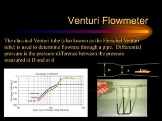 Venturi Flowmeter
The classical Venturi tube (also known as the Herschel Venturi
tube) is used to determine flowrate through a pipe. Differential
pressure is the pressure difference between the pressure
measured at D and at d
D d Flow
 