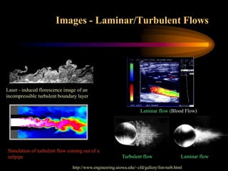 Images - Laminar/Turbulent Flows
Laser - induced florescence image of an
incompressible turbulent boundary layer
Simulation of turbulent flow coming out of a
tailpipe
Laminar flow (Blood Flow)
Laminar flow
Turbulent flow
http://www.engineering.uiowa.edu/~cfd/gallery/lim-turb.html
 