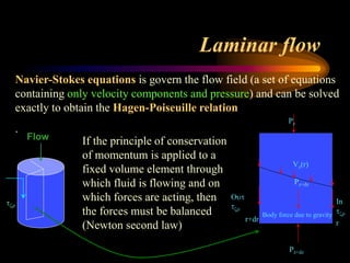 Laminar flow
Navier-Stokes equations is govern the flow field (a set of equations
containing only velocity components and pressure) and can be solved
exactly to obtain the Hagen-Poiseuille relation
.
Vz(r)


In

Pz
r+dr r
Body force due to gravity
Flow If the principle of conservation
of momentum is applied to a
fixed volume element through
which fluid is flowing and on
which forces are acting, then
the forces must be balanced
(Newton second law)

Pz+dz
Pz+dz
 