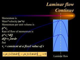 Laminar flow
Continue
Momentum is
Mass*velocity (m*v)
Momentum per unit volume is
*vz
Rate of flow of momentum is
*vz*dQ
dQ=vz2πrdr
but
vz = constant at a fixed value of r
vz (v2rdr) z
 vz (v2rdr) z dz
 0
Laminar flow
 