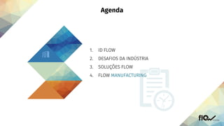 1. ID FLOW
2. DESAFIOS DA INDÚSTRIA
3. SOLUÇÕES FLOW
4. FLOW MANUFACTURING
 
