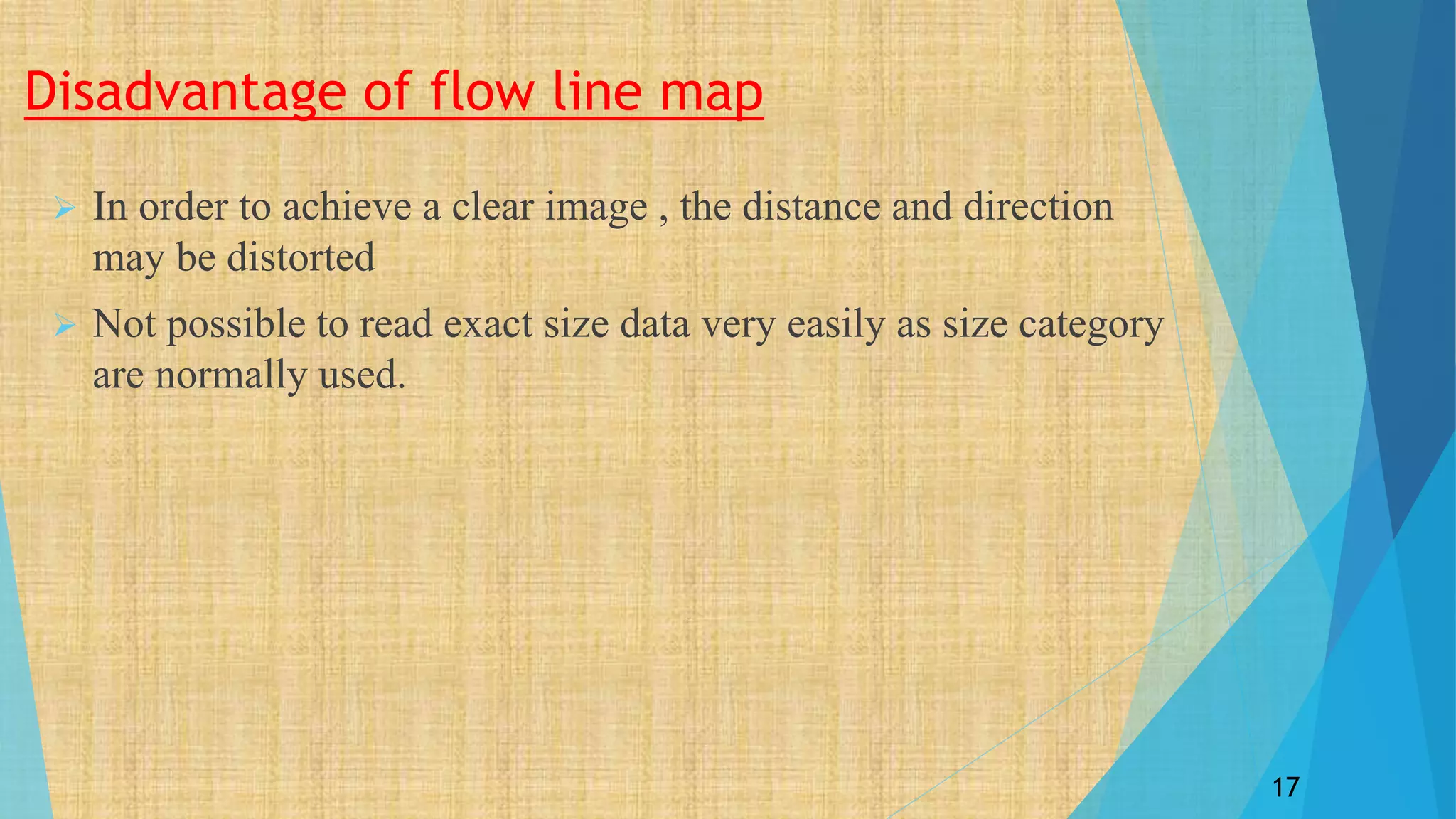 Disadvantage of flow line map
 In order to achieve a clear image , the distance and direction
may be distorted
 Not possible to read exact size data very easily as size category
are normally used.
17
 