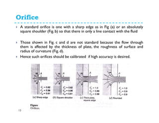 Orifice
13
A standard orifice is one with a sharp edge as in Fig (a) or an absolutely
square shoulder (Fig. b) so that there in only a line contact with the fluid
Those shown in Fig. c and d are not standard because the flow through
them is affected by the thickness of plate, the roughness of surface and
radius of curvature (Fig. d).
Hence such orifices should be calibrated if high accuracy is desired.
 