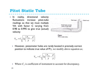 Pitot Static Tube
29
In reality, directional velocity
fluctuations increase pitot-tube
readings so that we must multiply
Vth with factor C varying from
0.98 to 0.995 to give true (actual)
velocity






−=
γγ
PP
gCV
stag
act 2
However, piezometer holes are rarely located in precisely correct
position to indicate true value of P/γ, we modify above equation as;
Where C1 is coefficient of instrument to account for discrepancy.






−=
γγ
PP
gCV
stag
act 21
 