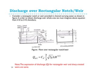 Discharge over Rectangular Notch/Weir
34
Consider a rectangular notch or weir provided in channel carrying water as shown in
figure. In order to obtain discharge over whole area we must integrate above equation
from h=0 to h=H, therefore;
Figure: Flow over rectangular notch/weir
2/3
2
3
2
LHgCQ dact =
Note:The expression of discharge (Q) for rectangular weir and sharp crested
weirs are same.
 
