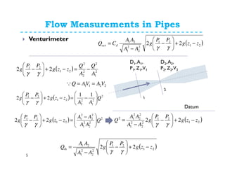 Flow Measurements in Pipes
5
Venturimeter
( ) 2
1
2
2
2
2
21
21
22
A
Q
A
Q
zzg
PP
g −=−+





−
γγ
2211 VAVAQ ==Q
( ) 2
2
1
2
2
21
21 11
22 Q
AA
zzg
PP
g 





−=−+





−
γγ
( ) 2
2
2
2
1
2
2
2
1
21
21
22 Q
AA
AA
zzg
PP
g 




 −
=−+





−
γγ
( )21
21
2
2
2
1
2
2
2
12
22 zzg
PP
g
AA
AA
Q −+





−
−
=
γγ
( )21
21
2
2
2
1
21
22 zzg
PP
g
AA
AA
Qth −+





−
−
=
γγ
Datum
( )21
21
2
2
2
1
21
22 zzg
PP
g
AA
AA
CQ dact −+





−
−
=
γγ
D1,A1,
P1, Z1,V1
D2,A2,
P2, Z2,V2
 
