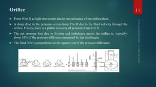 Orifice
 From M to P, as light rise occurs due to the resistance of the orifice plate.
 A sharp drop in the pressure occurs from P to R due to the fluid velocity through the
orifice. Finally, there is a partial recovery of pressure from R to S.
 The net pressure loss due to friction and turbulence across the orifice is, typically,
about 65% of the pressure difference measured by d/p diaphragm.
 The fluid flow is proportional to the square root of the pressure difference.
11
 