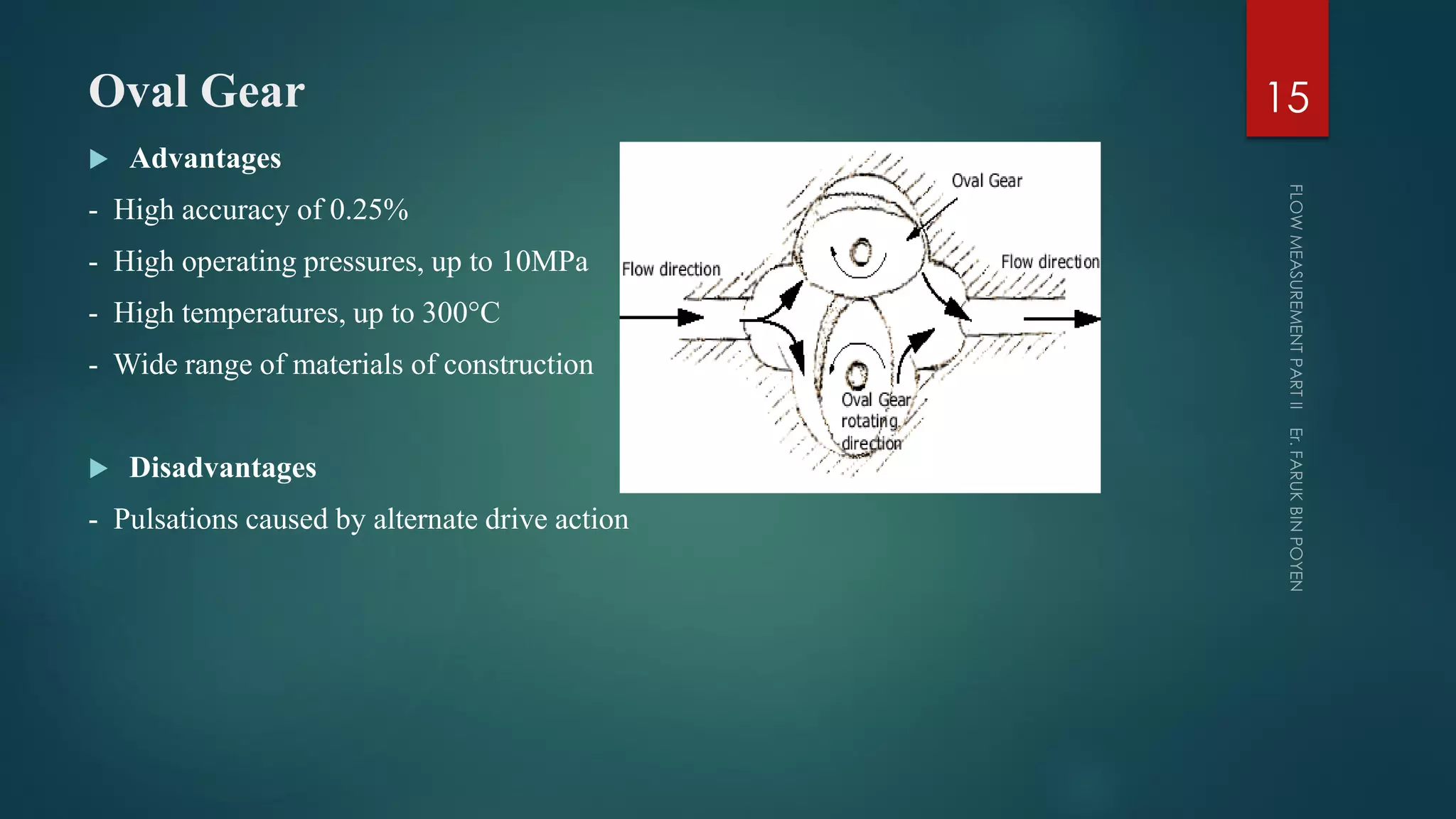 Oval Gear
 Advantages
- High accuracy of 0.25%
- High operating pressures, up to 10MPa
- High temperatures, up to 300°C
- Wide range of materials of construction
 Disadvantages
- Pulsations caused by alternate drive action
15
 