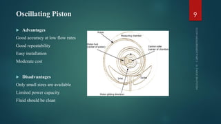 Oscillating Piston
 Advantages
Good accuracy at low flow rates
Good repeatability
Easy installation
Moderate cost
 Disadvantages
Only small sizes are available
Limited power capacity
Fluid should be clean
9
 