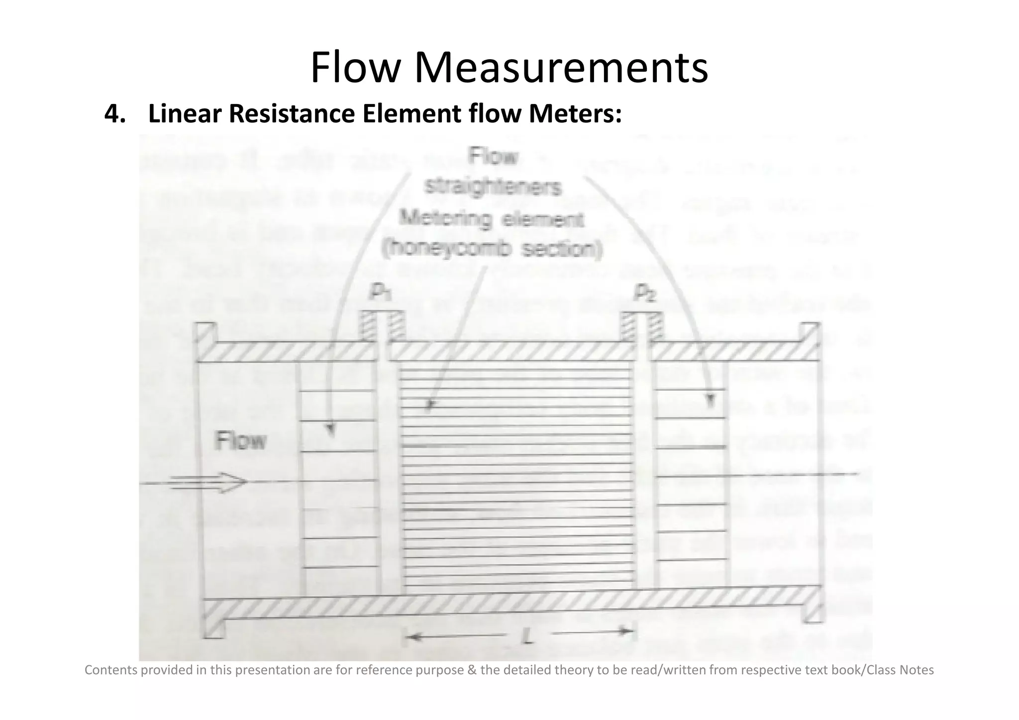 Flow Measurements
4. Linear Resistance Element flow Meters:
Contents provided in this presentation are for reference purpose & the detailed theory to be read/written from respective text book/Class Notes
 