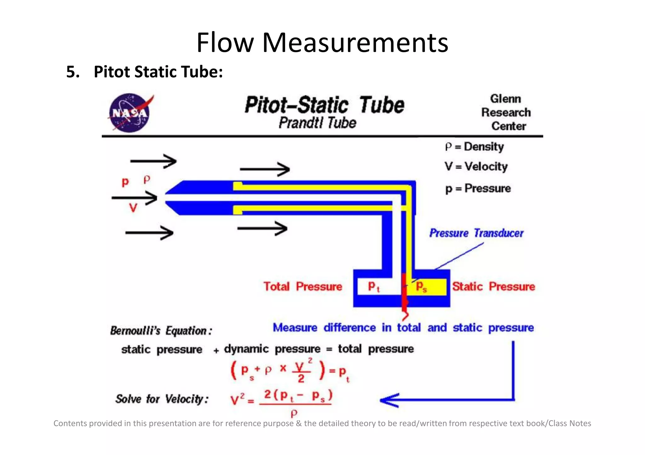 Flow Measurements
5. Pitot Static Tube:
Contents provided in this presentation are for reference purpose & the detailed theory to be read/written from respective text book/Class Notes
 