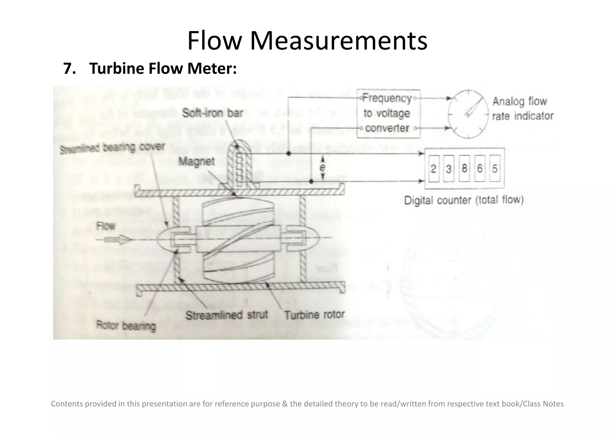 Flow Measurements
7. Turbine Flow Meter:
Contents provided in this presentation are for reference purpose & the detailed theory to be read/written from respective text book/Class Notes
 