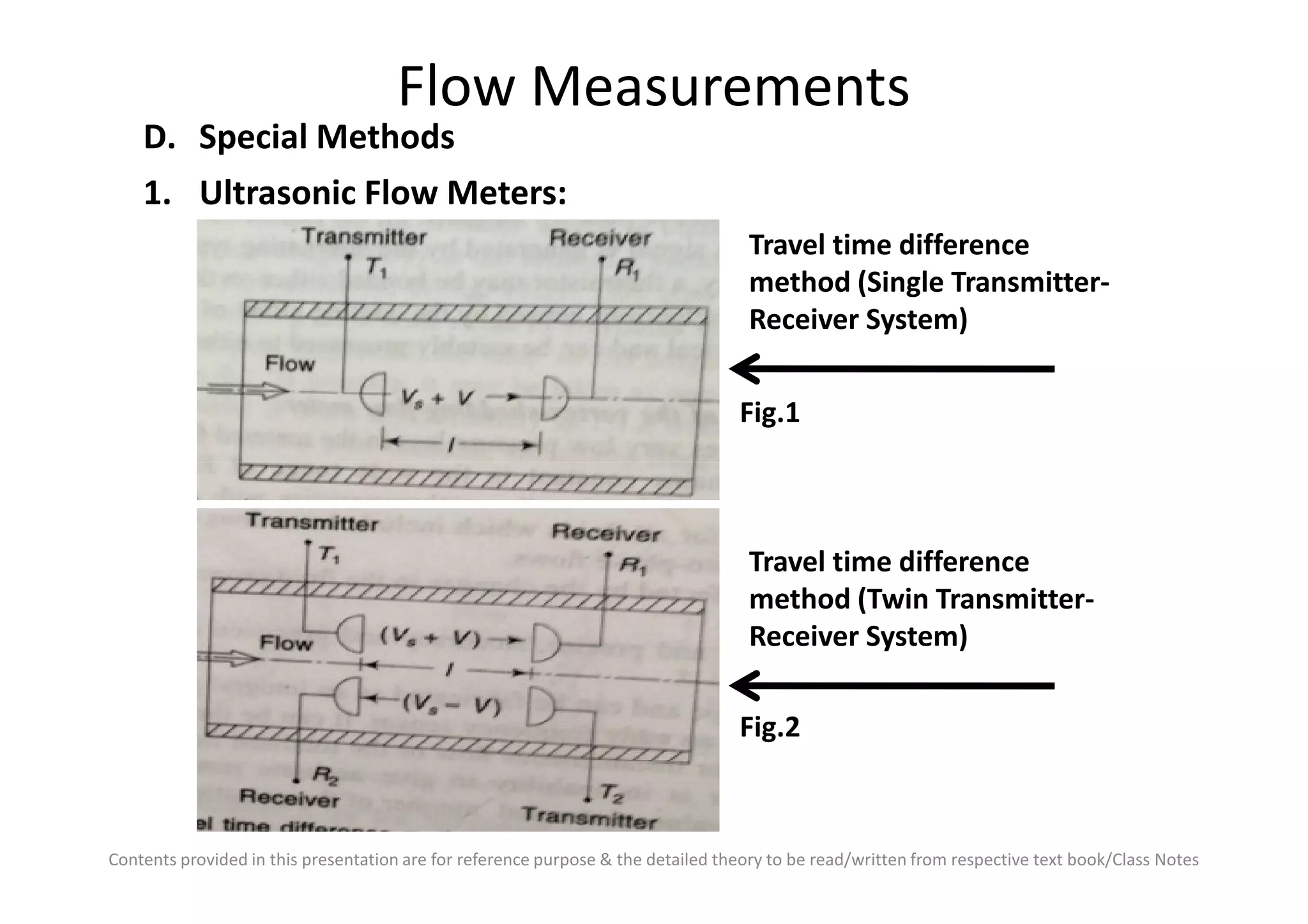 Flow Measurements
D. Special Methods
1. Ultrasonic Flow Meters:
Travel time difference
method (Single Transmitter-
Receiver System)
Fig.1
Contents provided in this presentation are for reference purpose & the detailed theory to be read/written from respective text book/Class Notes
Travel time difference
method (Twin Transmitter-
Receiver System)
Fig.2
 