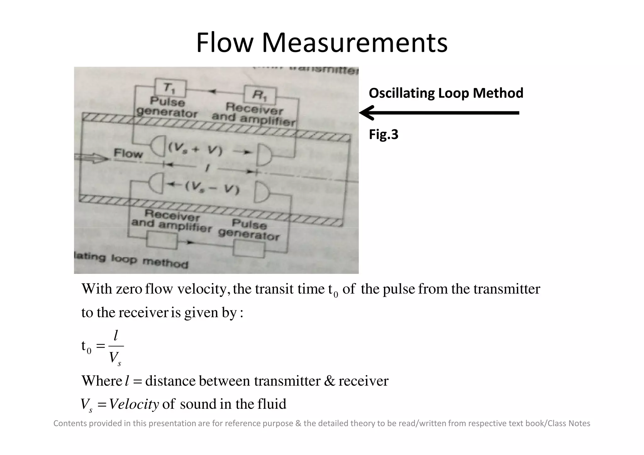 Flow Measurements
Oscillating Loop Method
Fig.3
Contents provided in this presentation are for reference purpose & the detailed theory to be read/written from respective text book/Class Notes
fluidin thesoundof
receiver&ansmitterbetween trdistanceWhere
t
:bygivenisreceivertheto
ertransmittthefrompulsetheoftimetransit tthevelocity,flowzeroWith
0
0
VelocityV
l
V
l
s
s
=
=
=
 