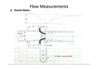 Flow Measurements
c) Nozzle Meter:
Contents provided in this presentation are for reference purpose & the detailed theory to be read/written from respective text book/Class Notes
 