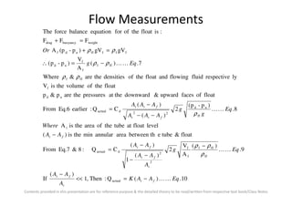 Flow Measurements
)p-p()(
floatoffacesupward&downwardat thepressuresthearep&p
floattheofvolumetheisV
lyrespectivefluidflowingandfloattheofdensitiestheare&Where
7.)(
A
V
)p-p(
gVgV)p-(pA
FFF
:isfloattheofforequationbalanceforceThe
ud
f
fff
fff
f
f
ud
fffffudf
weightbuoyancydrag
AAA
Eqg
Or
KK
−
−=∴
=+
=+
ρρ
ρρ
ρρ
Contents provided in this presentation are for reference purpose & the detailed theory to be read/written from respective text book/Class Notes
10.)(Q:Then,1
)(
If
9.
)(
A
V
2
)(
1
)(
CQ:8&Eq.7From
float&tubeebetween thareaannularmintheis)(
levelfloatattubetheofareatheisA
8.
)p-p(
2
)(
)(
CQ:earlierEq.6From
actual
ff
fff
f
f
2
2dactual
t
ff
ud
22dactual
EqAAK
A
AA
Eqg
A
AA
AA
AA
Where
Eq
g
g
AAA
AAA
ft
t
ft
t
ft
ft
ft
ftt
ftt
KK
KK
KK
−=<<
−
−
−
−
−
=
−
−−
−
=
ρ
ρρ
ρ
 