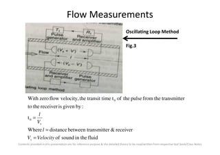 Flow Measurements
Oscillating Loop Method
Fig.3
Contents provided in this presentation are for reference purpose & the detailed theory to be read/written from respective text book/Class Notes
fluidin thesoundof
receiver&ansmitterbetween trdistanceWhere
t
:bygivenisreceivertheto
ertransmittthefrompulsetheoftimetransit tthevelocity,flowzeroWith
0
0
VelocityV
l
V
l
s
s
=
=
=
 