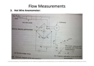 Flow Measurements
3. Hot Wire Anemometer:
Contents provided in this presentation are for reference purpose & the detailed theory to be read/written from respective text book/Class Notes
 