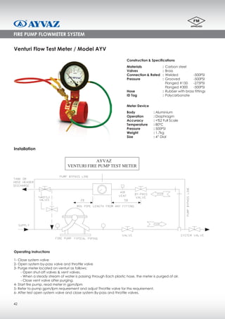 42
FIRE PUMP FLOWMETER SYSTEM
Venturi Flow Test Meter / Model AYV
Installation
Carbon steel	
Brass	
Welded	-500PSI
Grooved	-500PSI
Flanged #150	 -275PSI
Flanged #300	 -500PSI
Rubber with brass fittings
Polycarbonate
Materials	:
Valves	:
Connection & Rated	 :
Pressure	:
Hose	:
ID Tag	 :
Construction & Specifications
Aluminium
Diaphragm
+%2 Full Scale
80°C
500PSI
1.7kg
4” Dial
Body	:
Operation	:
Accuracy	:
Temperature	:
Pressure	:
Weight	:
Size	:
Meter Device
Operating instructions
1- Close system valve
2- Open system by-pass valve and throttle valve
3- Purge meter located on venturi as follows:
	 - Open shut-off valves & vent valves.
	 - When a steady stream of water is passing through Each plastic hose, the meter is purged of air.
	 - Close vent valve after purging.
4- Start fire pump, read meter in gpm/lpm
5- Refer to pump gpm/lpm requırement and adjust Throttle valve for thıs requirement.
6- After test open system valve and close system By-pass and throttle valves.
F L O W
F L O W
AYVAZ
VENTURI FIRE PUMP TEST METER
 