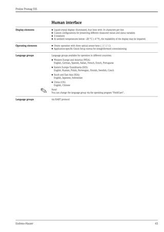 Proline Promag 55S
Endress+Hauser 43
Human interface
Display elements • Liquid-crystal display: illuminated, four lines with 16 characters per line
• Custom configurations for presenting different measured values and status variables
• 3 totalizers
• At ambient temperatures below –20 °C (–4 °F), the readability of the display may be impaired.
Operating elements • Onsite operation with three optical sensor keys (S/O/F)
• Application-specific Quick Setup menus for straightforward commissioning
Language groups Language groups available for operation in different countries:
• Western Europe and America (WEA):
English, German, Spanish, Italian, French, Dutch, Portuguese
• Eastern Europe/Scandinavia (EES):
English, Russian, Polish, Norwegian, Finnish, Swedish, Czech
• South and East Asia (SEA):
English, Japanese, Indonesian
• China (CN):
English, Chinese
! Note!
You can change the language group via the operating program "FieldCare".
Language groups via HART protocol
 