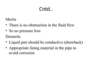 Cntd..
Merits
• There is no obstruction in the fluid flow
• So no pressure loss
Demerits
• Liquid part should be conductive (drawback)
• Appropriate lining material in the pipe to
avoid corrosion
 
