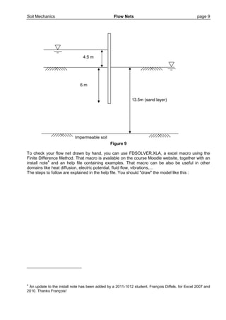 Soil Mechanics Flow Nets page 9
Figure 9
To check your flow net drawn by hand, you can use FDSOLVER.XLA, a excel macro using the
Finite Difference Method. That macro is available on the course Moodle website, together with an
install note
4
and an help file containing examples. That macro can be also be useful in other
domains like heat diffusion, electric potential, fluid flow, vibrations,…
The steps to follow are explained in the help file. You should "draw" the model like this :
4
An update to the install note has been added by a 2011-1012 student, François Diffels, for Excel 2007 and
2010. Thanks François!
Impermeable soil
13.5m (sand layer)
6 m
4.5 m
 
