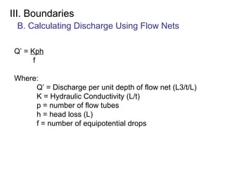 III. Boundaries
B. Calculating Discharge Using Flow Nets
Q’ = Kph
f
Where:
Q’ = Discharge per unit depth of flow net (L3/t/L)
K = Hydraulic Conductivity (L/t)
p = number of flow tubes
h = head loss (L)
f = number of equipotential drops
 