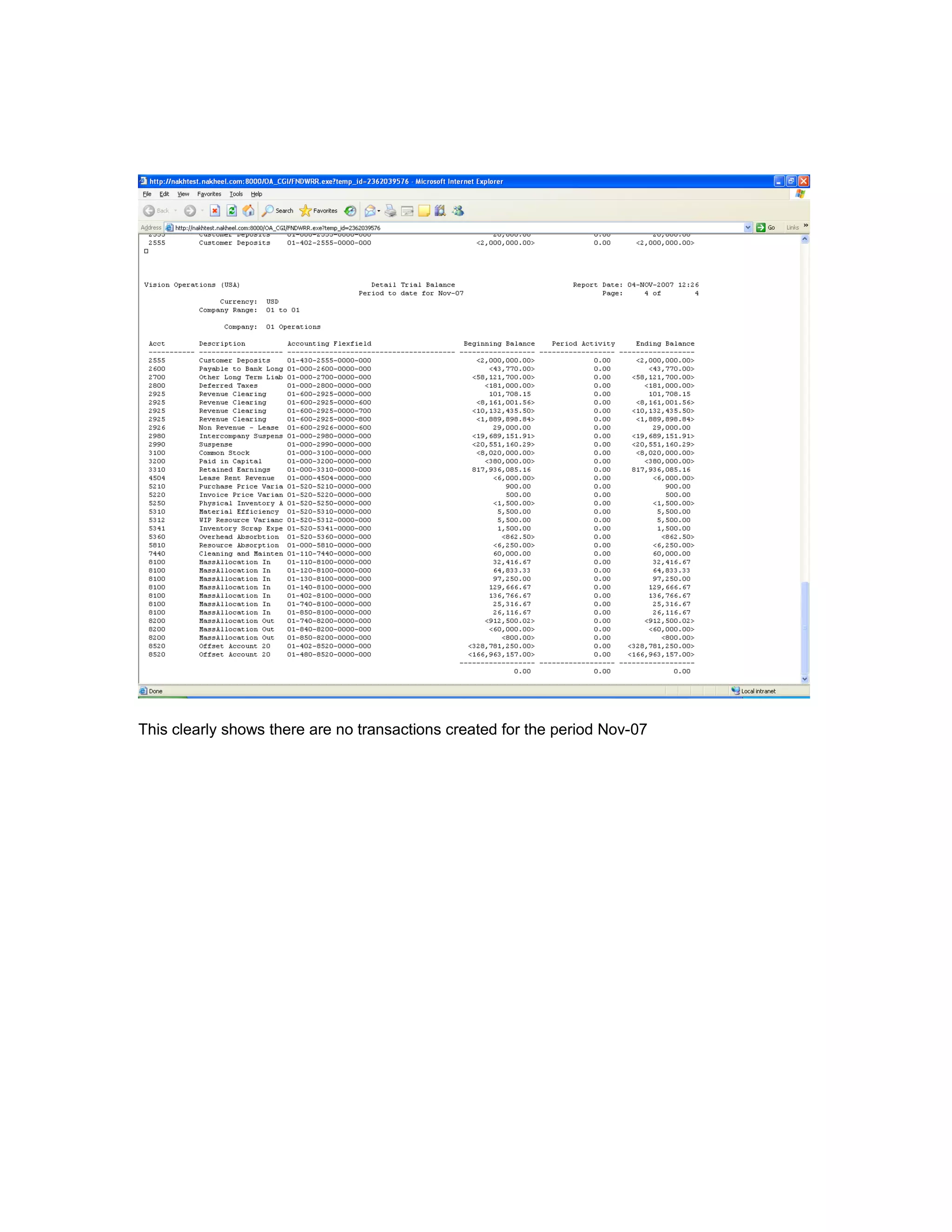 This clearly shows there are no transactions created for the period Nov-07
 