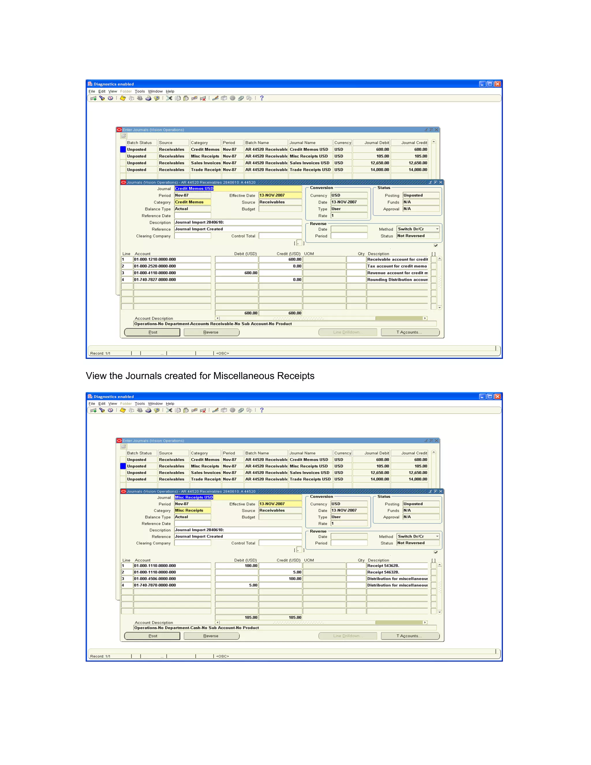 View the Journals created for Miscellaneous Receipts
 