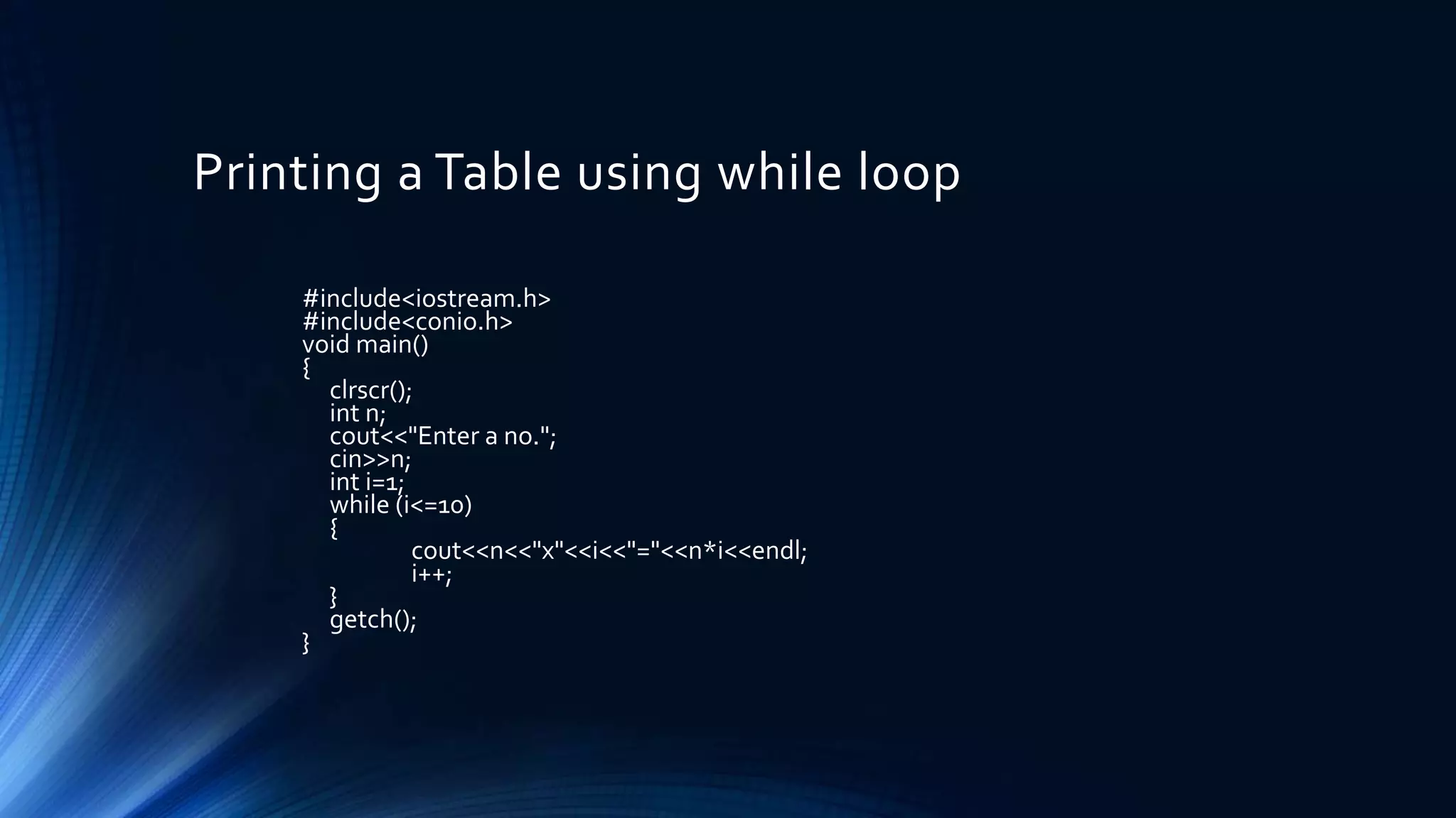 Printing a Table using while loop
#include<iostream.h>
#include<conio.h>
void main()
{
clrscr();
int n;
cout<<"Enter a no.";
cin>>n;
int i=1;
while (i<=10)
{
cout<<n<<"x"<<i<<"="<<n*i<<endl;
i++;
}
getch();
}
 