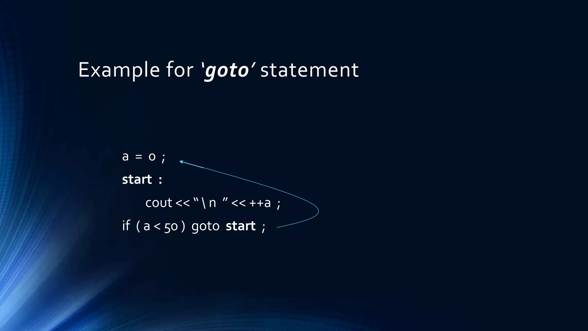 Example for ‘goto’ statement
a = 0 ;
start :
cout << “  n ” << ++a ;
if ( a < 50 ) goto start ;
 