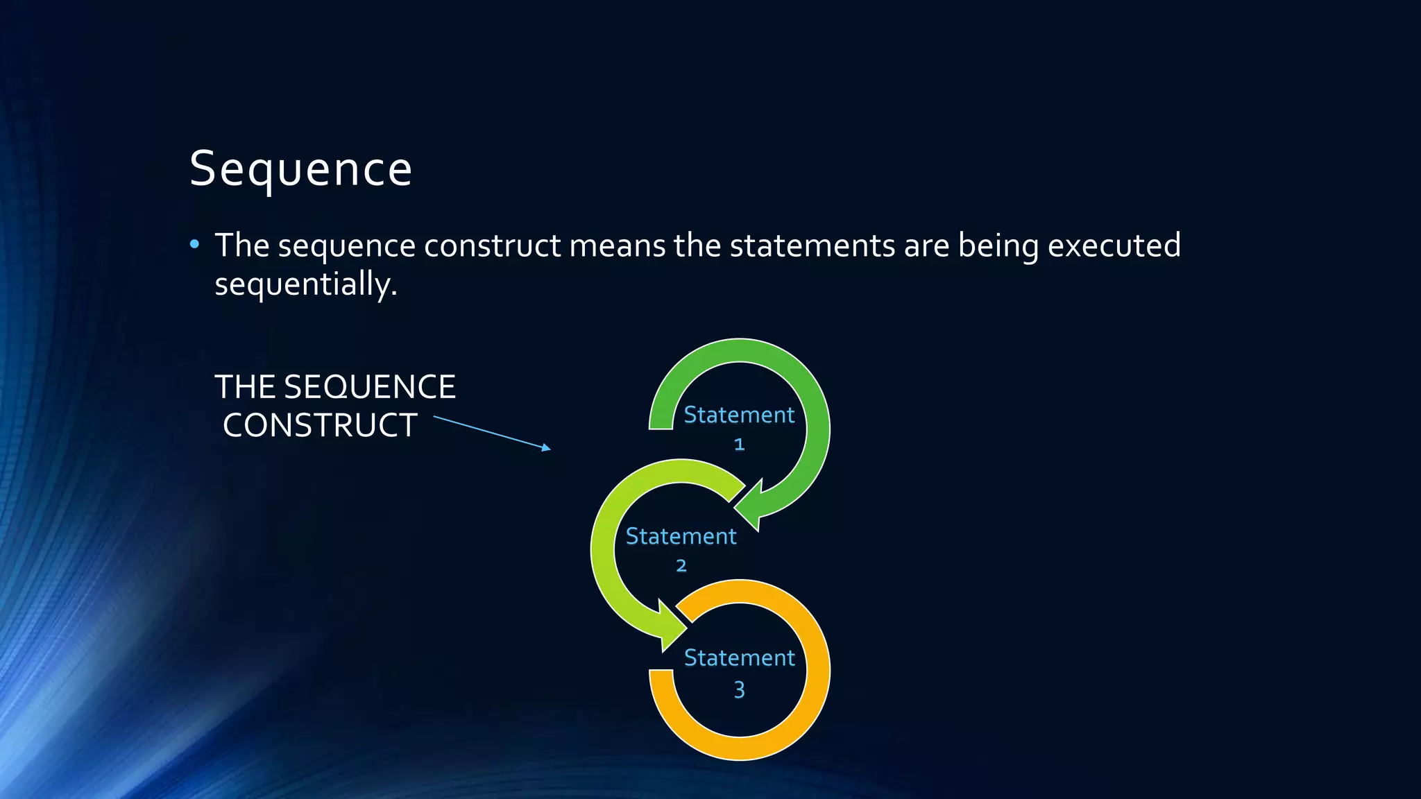 Sequence
• The sequence construct means the statements are being executed
sequentially.
THE SEQUENCE
CONSTRUCT Statement
1
Statement
2
Statement
3
 