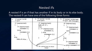 Nested ifs
A nested if is an if that has another if in its body or in its else body.
The nested if can have one of the following three forms
 