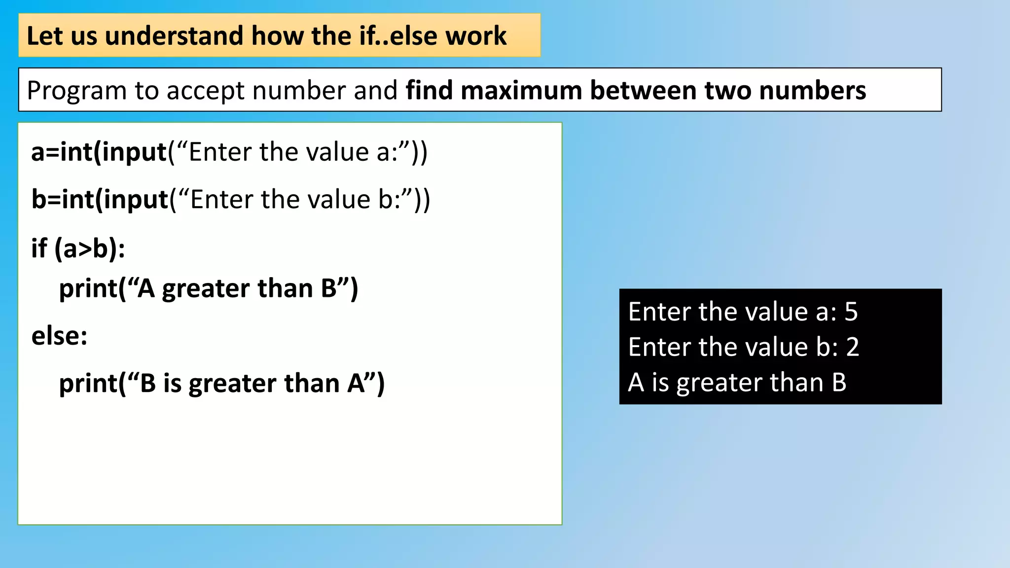 Let us understand how the if..else work
Program to accept number and find maximum between two numbers
a=int(input(“Enter the value a:”))
if (a>b):
print(“A greater than B”)
print(“B is greater than A”)
else:
Enter the value a: 5
Enter the value b: 2
A is greater than B
b=int(input(“Enter the value b:”))
 