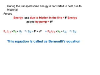 During the transport some energy is converted to heat due to
frictional
Forces
Energy loss due to friction in the line = F Energy
added by pump = W
Pa /ρ A +XA + UA
2 / 2g – F + W = PB /ρ B +XB + UB / 2g
2
This equation is called as Bernoulli's equation
 