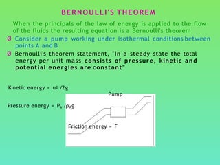 BERNOULLI'S THEOREM
When the principals of the law of energy is applied to the flow
of the fluids the resulting equation is a Bernoulli's theorem
Ø Consider a pump working under isothermal conditions between
points A and B
Ø Bernoulli's theorem statement, "In a steady state the total
energy per unit mass consists of pressure, kinetic and
potential energies are constant"
Kinetic energy = u2 /2g
Pump
Pressure energy = Pa /ρAg
Friction energy = F
 