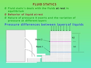 FLUID STATICS
Ø Fluid static's deals with the fluids at rest in
equilibrium
Ø Behavior of liquid at rest
Ø Nature of pressure it exerts and the variation of
pressure at different layers
Pressure differences between layers of liquids
h2
h1
Point 2
Point 1
 