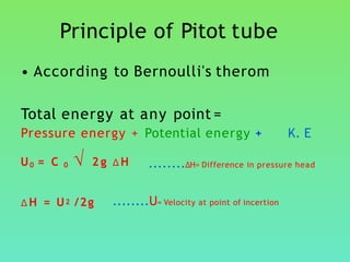Principle of Pitot tube
• According to Bernoulli's therom
Total energy at any point =
Pressure energy + Potential energy + K. E
U0 = C 0 √ 2 g ∆H ........∆H= Difference in pressure head
∆H = U2 /2g ........U= Velocity at point of incertion
 