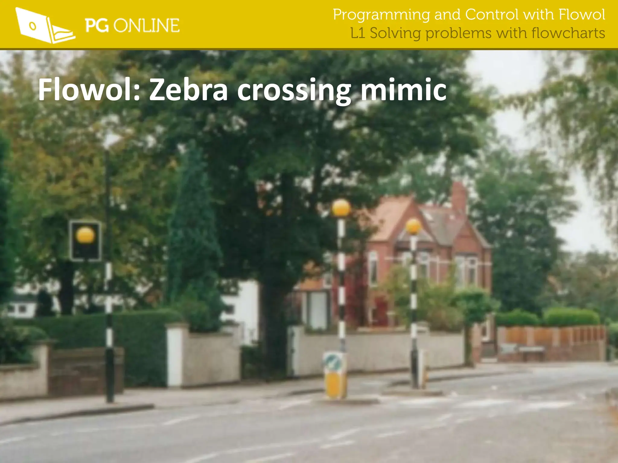 Programming and Control with Flowol
L1 Solving problems with flowcharts
Flowol: Zebra crossing mimic
 