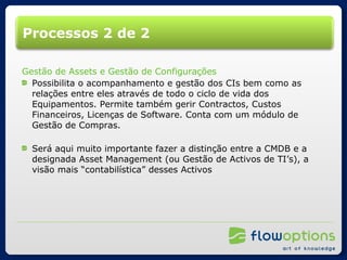 Processos 2 de 2 Gestão de Assets e Gestão de Configurações Possibilita o acompanhamento e gestão dos CIs bem como as relações entre eles através de todo o ciclo de vida dos Equipamentos. Permite também gerir Contractos, Custos Financeiros, Licenças de Software. Conta com um módulo de Gestão de Compras. Será aqui muito importante fazer a distinção entre a CMDB e a designada Asset Management (ou Gestão de Activos de TI’s), a visão mais “contabilística” desses Activos 