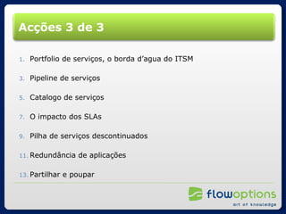 Acções 3 de 3 Portfolio de serviços, o borda d’agua do ITSM Pipeline de serviços Catalogo de serviços O impacto dos SLAs Pilha de serviços descontinuados Redundância de aplicações Partilhar e poupar 